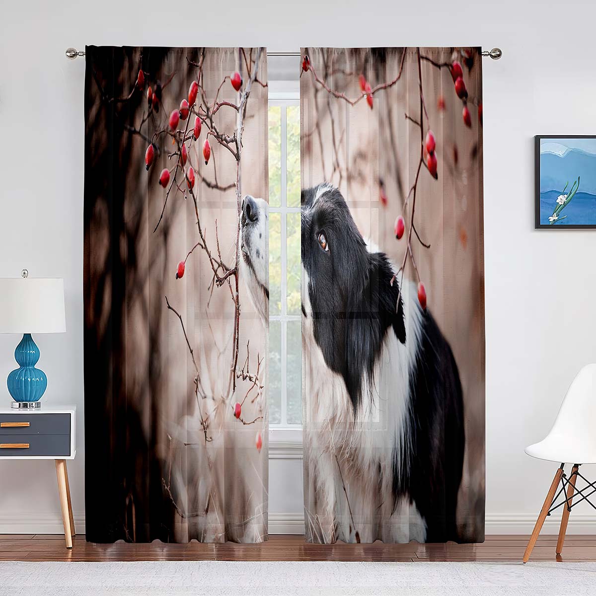 

Две симпатичные шторы из тюля с изображением бордер-колли для гостиной, прозрачные шторы на окна для спальни, аксессуары для декора 1 PCS W100XH250cm&Grommet Top