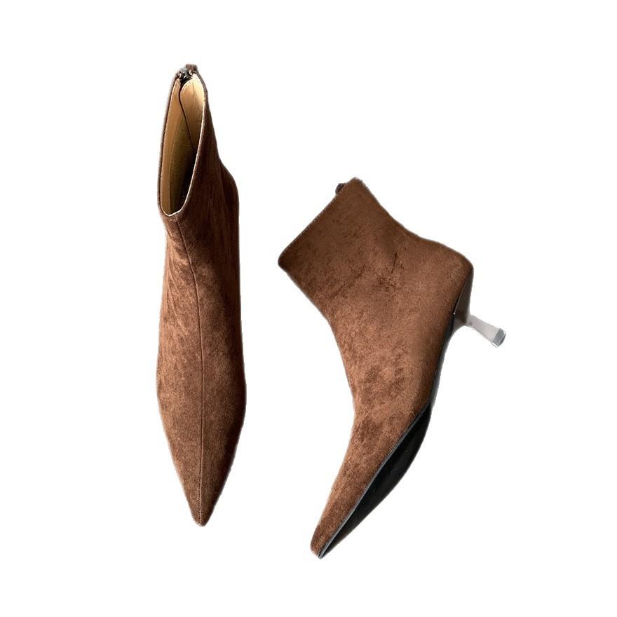 Thin Heel Suede Pointed Short Boots Women's 2025 Autumn and Winter New Korean Version Thin Boots Socks Boots Women's Boots Zipper Elastic Boots