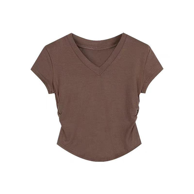 Letní francouzský pas design přední rameno krátký rukáv tričko dámské slim-fit krátké véčko spodní tričko, tenký top dámské oblečení