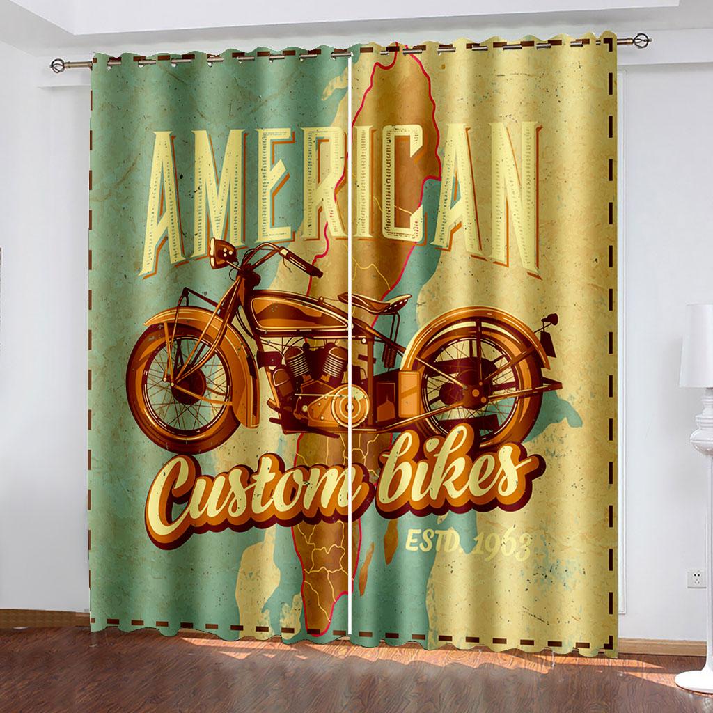 Hand-painted Motorcycle Printing Woven Curtains Two Independent Curtains On The Left and Right Blackout Curtains for Bedrooms