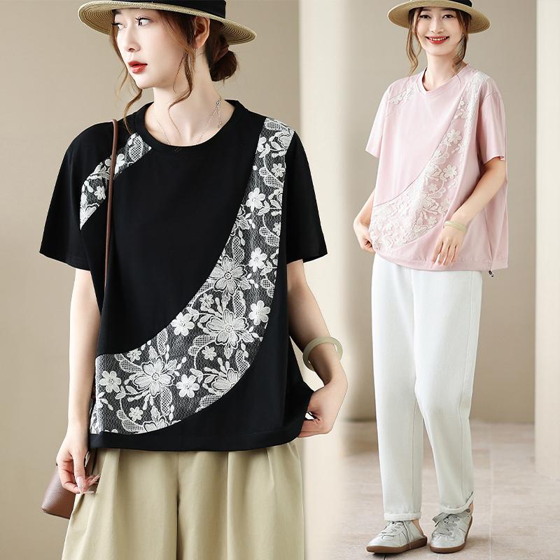 DIMANAF 2026 Plus Size Summer Women T-Shirts Casual Lady Tops Tunic Lace Shirt Oversize Loose Tees Cotton