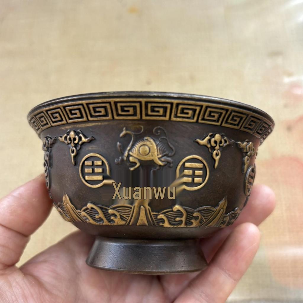 Antique-Style Aged Copper Bagua Bowl with Four Divine Beasts for Home or Office Decor