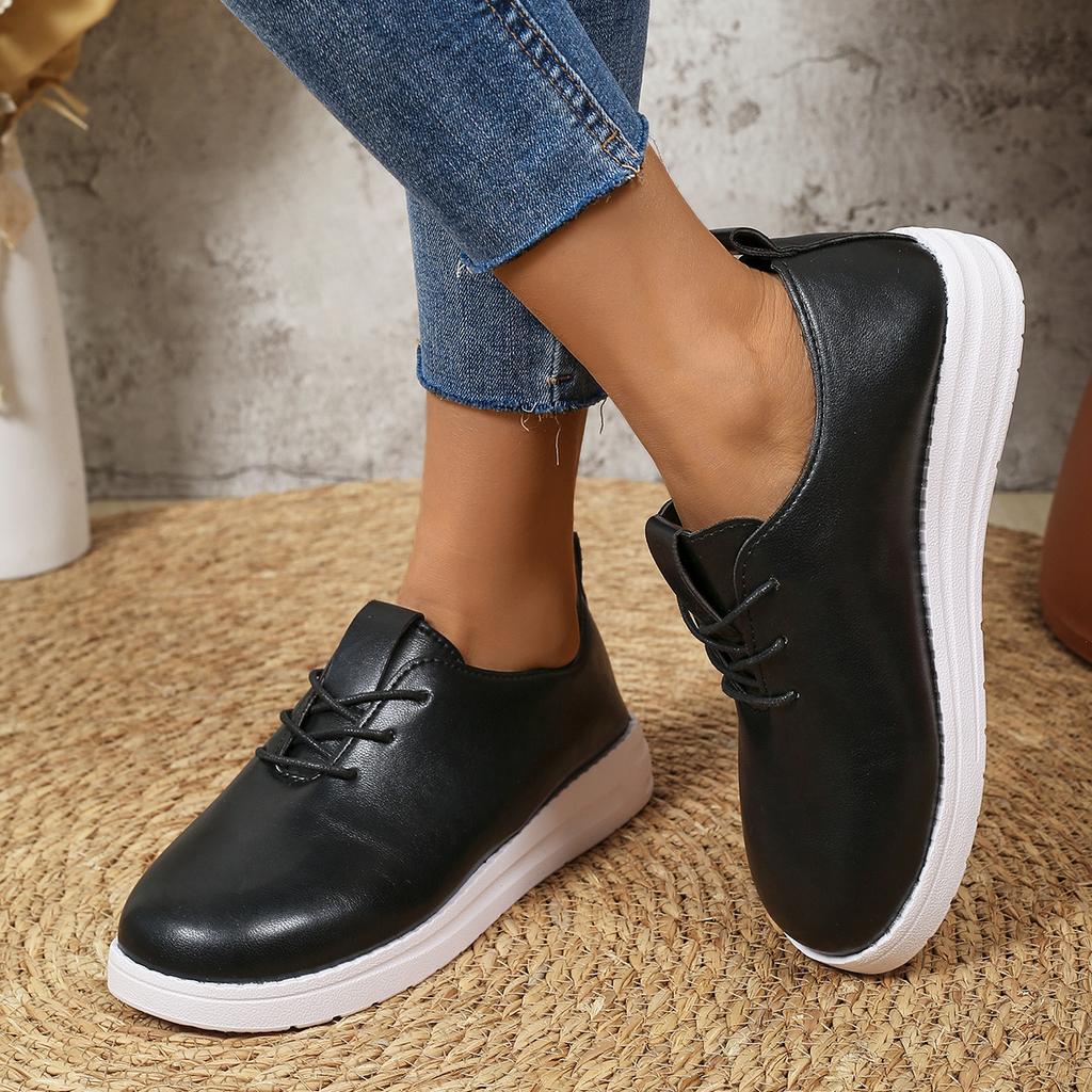 Fashion New Spring and Autumn Leather Women Shoes Solid Color Round Head Front Lace Up Comfortable Women's Casual Sneakers Size 36-42