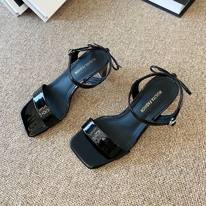

X282-1 Hollow open-toed sandals 2025 new summer one-word buckle belt temperament versatile thick heel shoes 35 чёрный