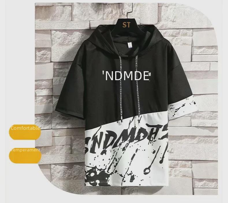 Men's Summer Short-Sleeved Hooded T-Shirt - Korean Style Trendy Five-Point Sleeves for Teens and Boys