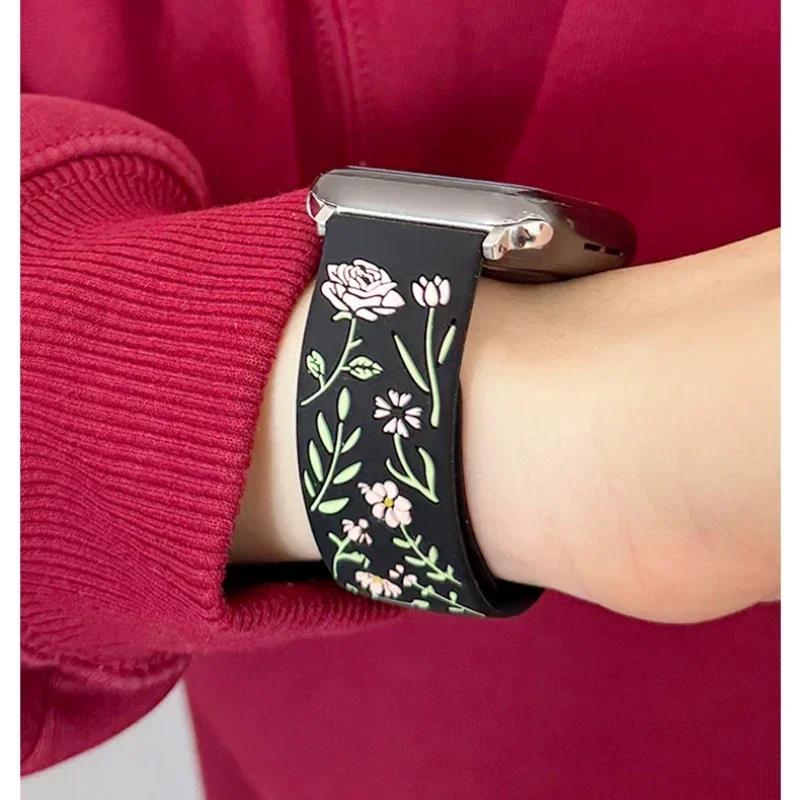 New Floral Engraved Bracelet For Apple Watch Band 44mm 42mm 41mm 40mm 45mm 49mm 46mm Correa Iwatch Series 10 9 7 SE 6 8 Ultra