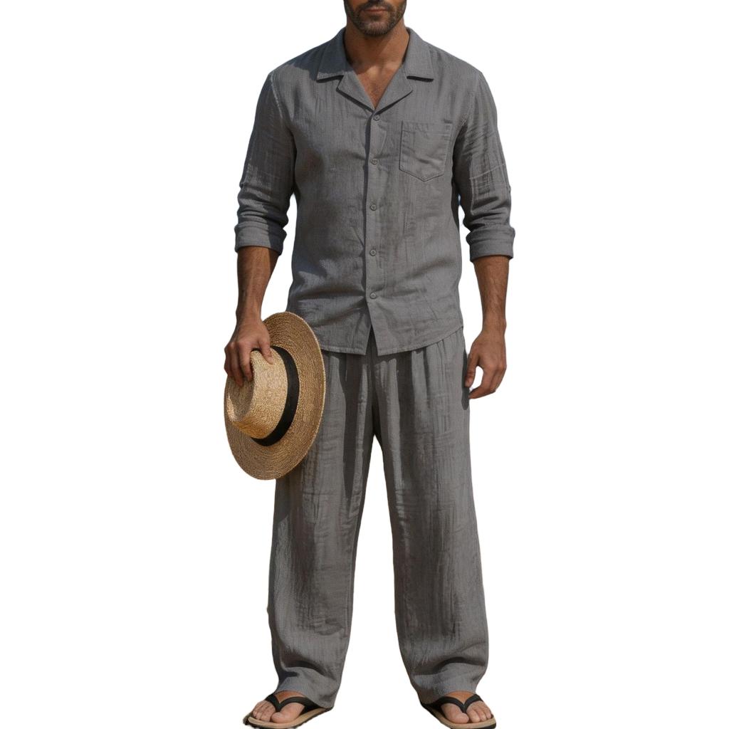 Men's Linen 2-Piece Set Long Sleeve Shirt and Pants Casual Loose Fit Breathable with Pockets