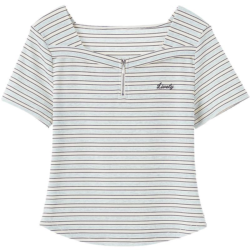 BETU Women s Square Neck Striped Slim-Fit Short Sleeve T-Shirt S