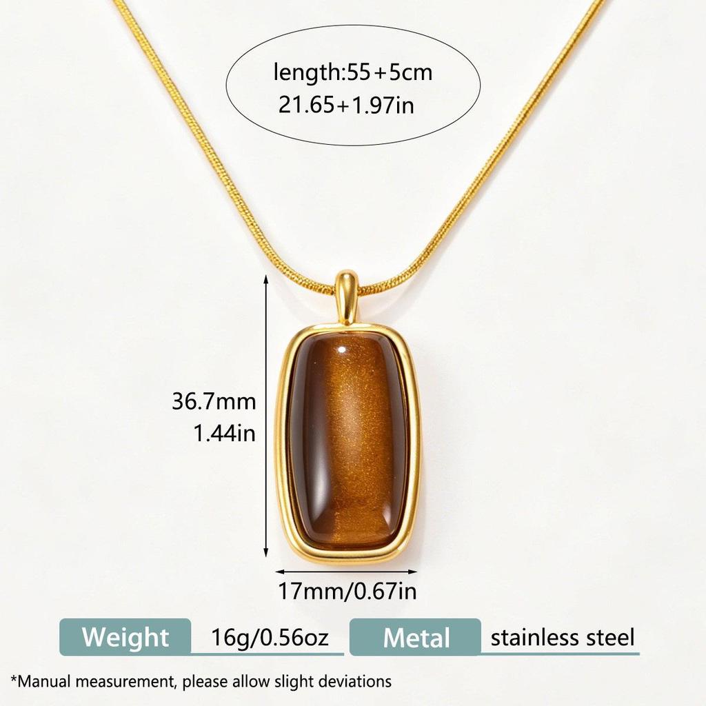 18K Gold Plated Geometric Tiger Eye Stone Necklace - Retro Personality, Colorfast Stainless Steel Sweater Chain