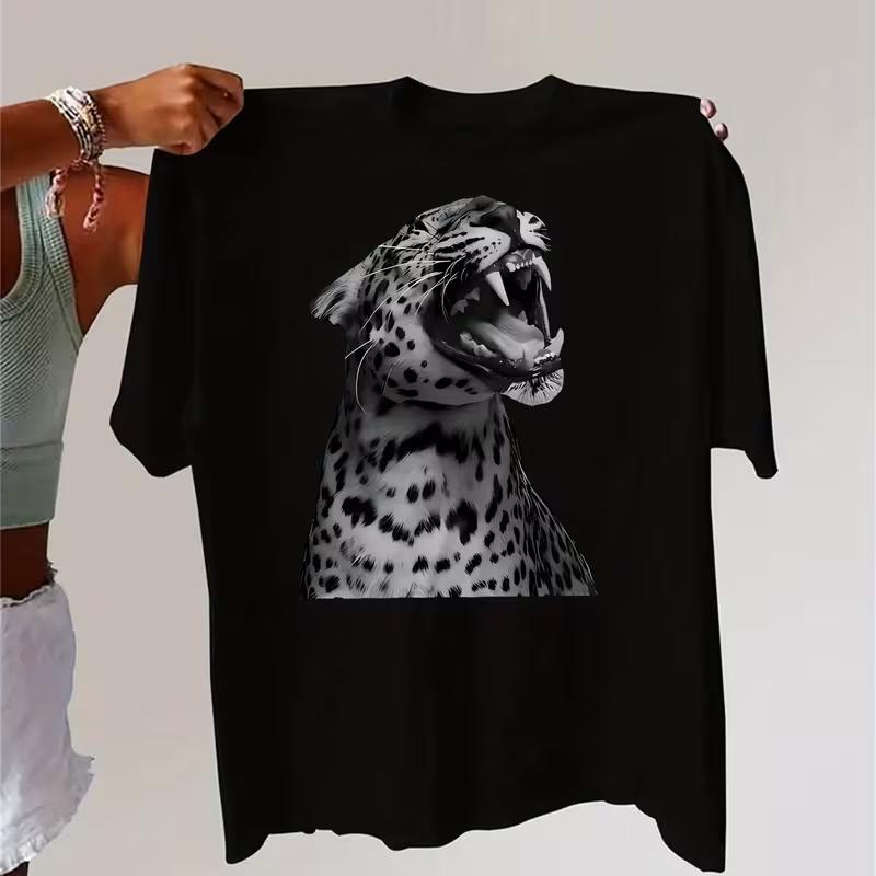 

Leopard Print Short Sleeve Tee Realistic Style Casual Summer Top Lightweight Comfortable Versatile for Women Travel Commute S