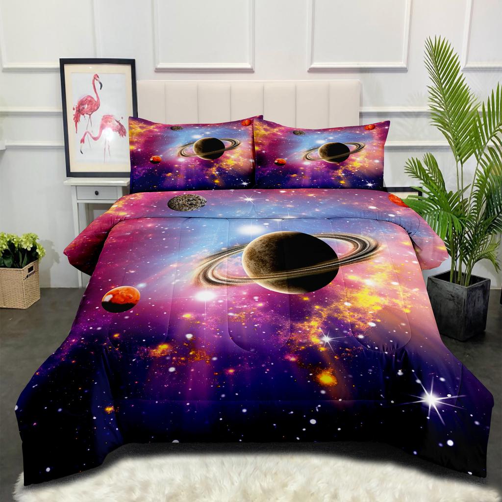Space Galaxy Astronaut Comfortable Brushed Printing Fat Quilt Feather Silk Cotton Thickened Filled Quilt Cover Three-piece Set