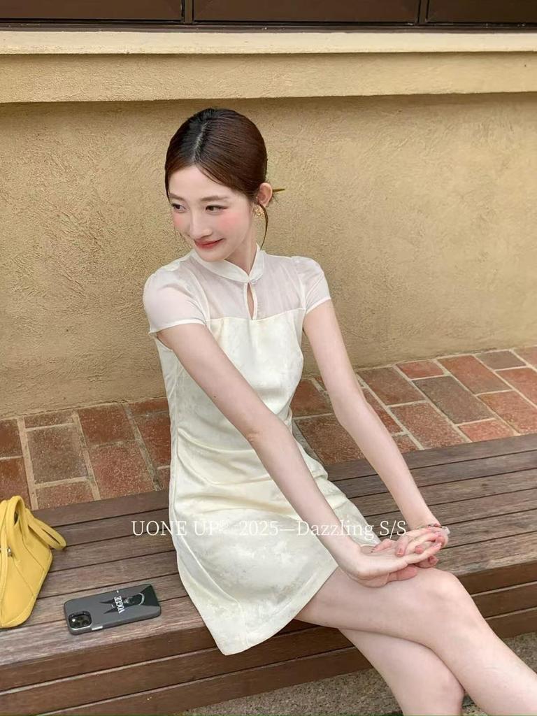 UONE2025 Summer Chinese Jacquard Cheongsam Dress with Frog Buttons and Hollow Waist Design