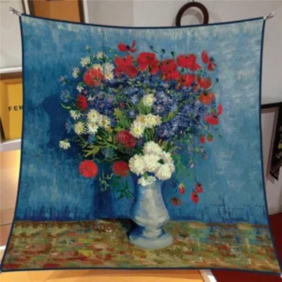 Oil Painting Four Seasons Luxury Square Silk Scarves Europe And America Fashion Bandannas New Twill Print Sunscreen Shawls