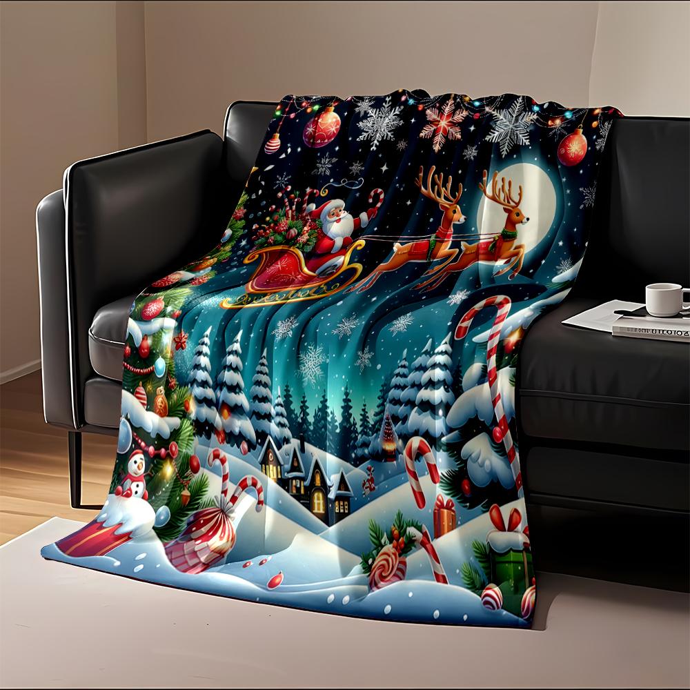 Christmas Santa Sleigh with Reindeer Design Flannel blanket for bedroom, living room, sofa, and nap sofas.