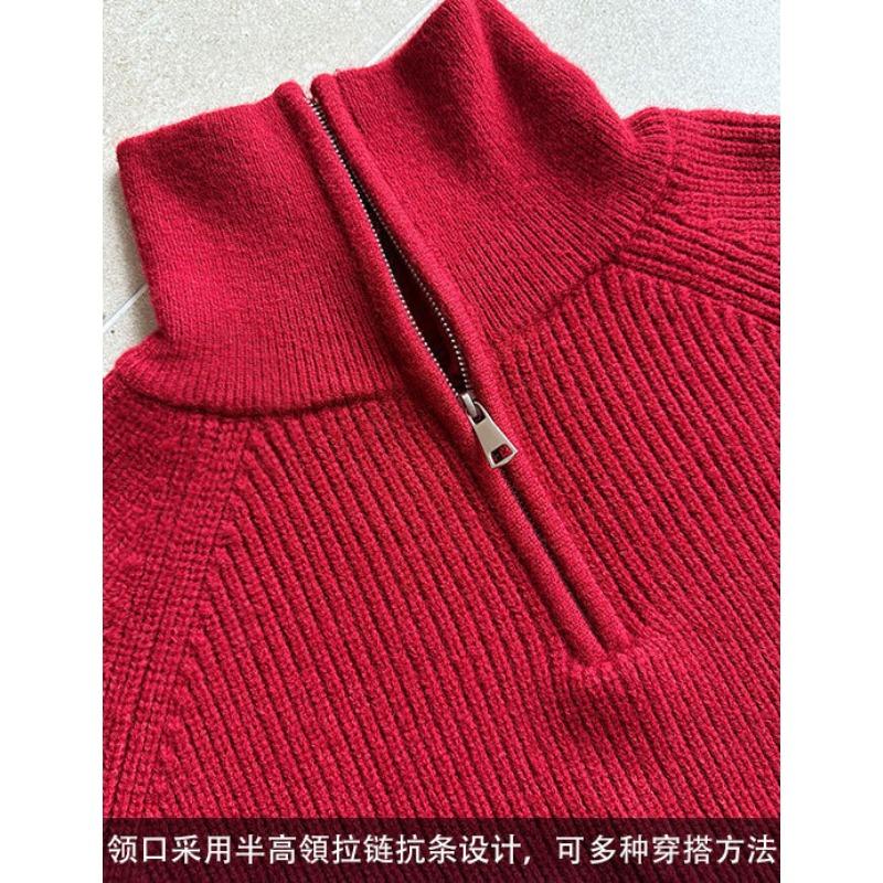 Half High Collar Zipper Red Knitted Sweater for Women Spring and Autumn High Waisted Sweater