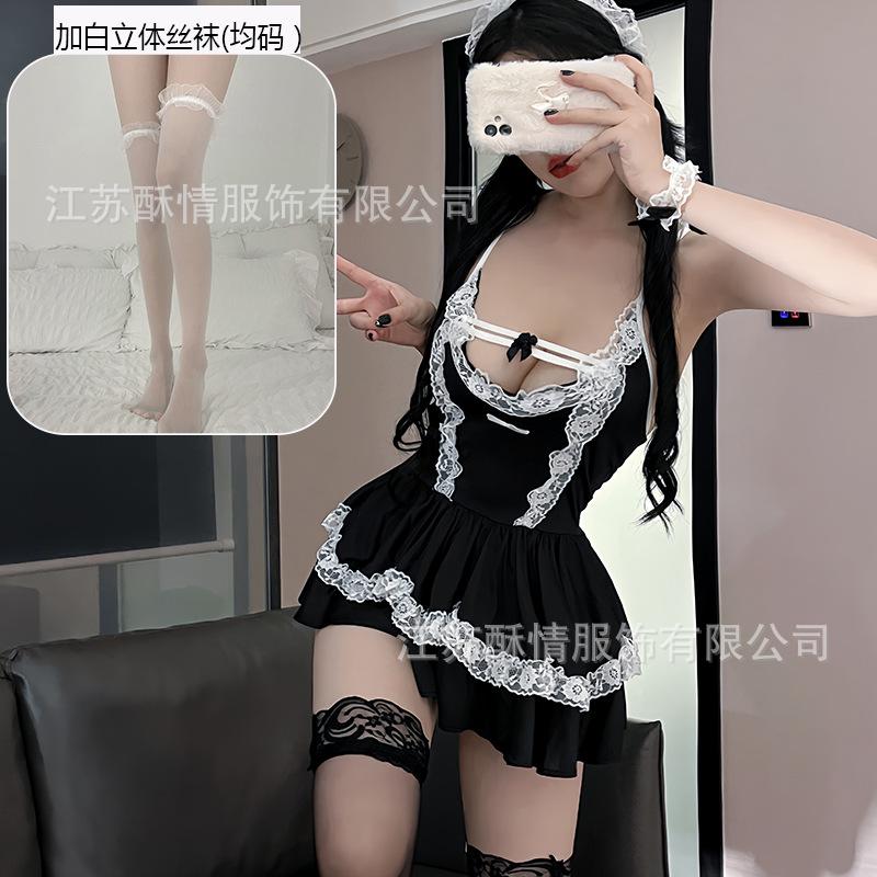 Sexy Lingerie Sexy Deep V Lace Slim Fit Puff Dress Maid Maid Uniform Seduction Uniform Set