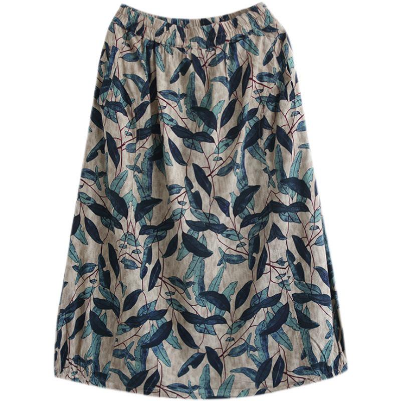 Retro Art Thin Cotton-Linen Skirt for Women – Digital Print, Big Swing, Long & Lightweight for Summer