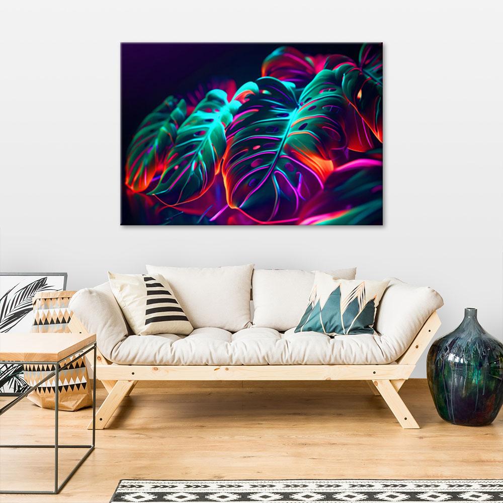 Canvas Print, Monstera Leaves In Futuristic Style