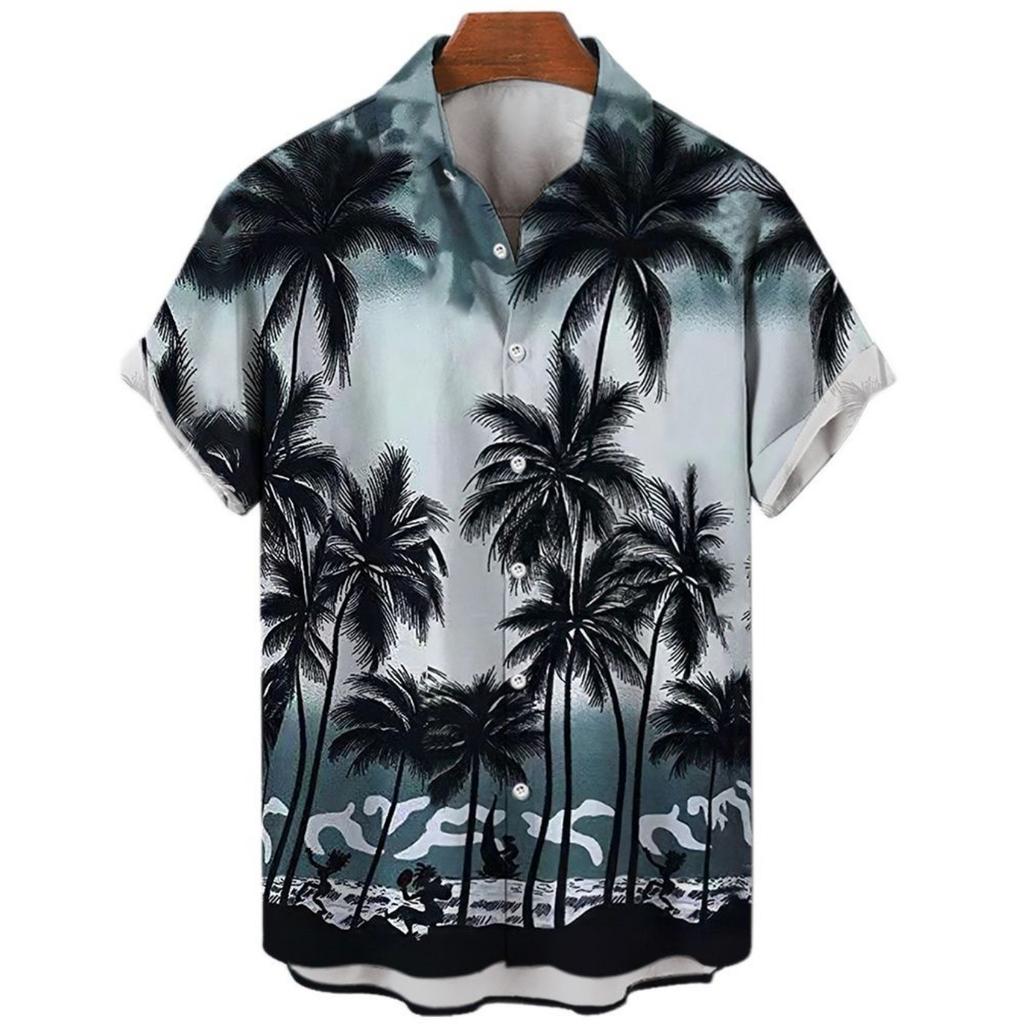 Summer Fashion Men's 3d Hawaiian Shirts Oversized Beach Short Sleeve Coconut Tree Print Shirts Tees