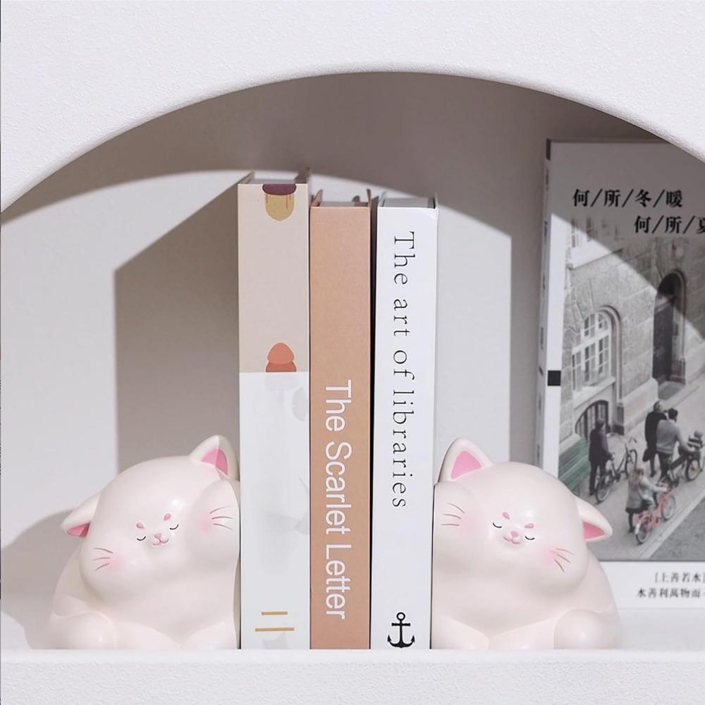 1pair/2pcs of super cute light luxury cream style cat face resin decorative bookends, heavy duty non slip bookends, for book magazine organization,