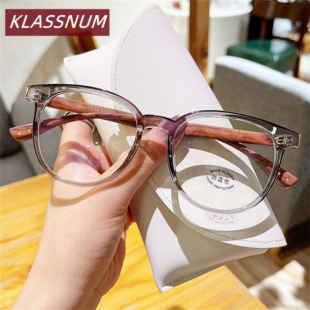 

KLASSNUM Anti-Blue Light Flat Mirror Reading Glasses Retro Wood Grain Legs Round Frame Myopia Glasses Computer Eyewear 0-+4.0 0 серый