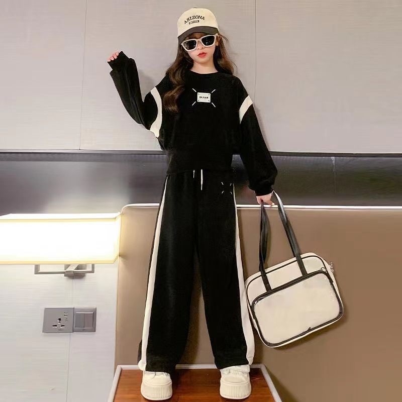 סטים לבגדי בנות לילדות אביב וסתיו קפוצ'ון עם שרוולים ארוכים מכנסיים רחבים חליפות בגדים לילדים 6 8 10 12 14 שנים