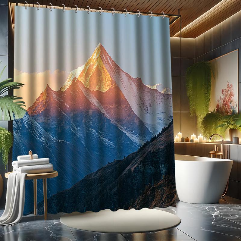 Rizhao Jinshan Shower Curtain Set - Golden Sunshine & Mountain Scenery,Includes 12 Hooks,Polyester Fabric, Modern Bathroom Decor