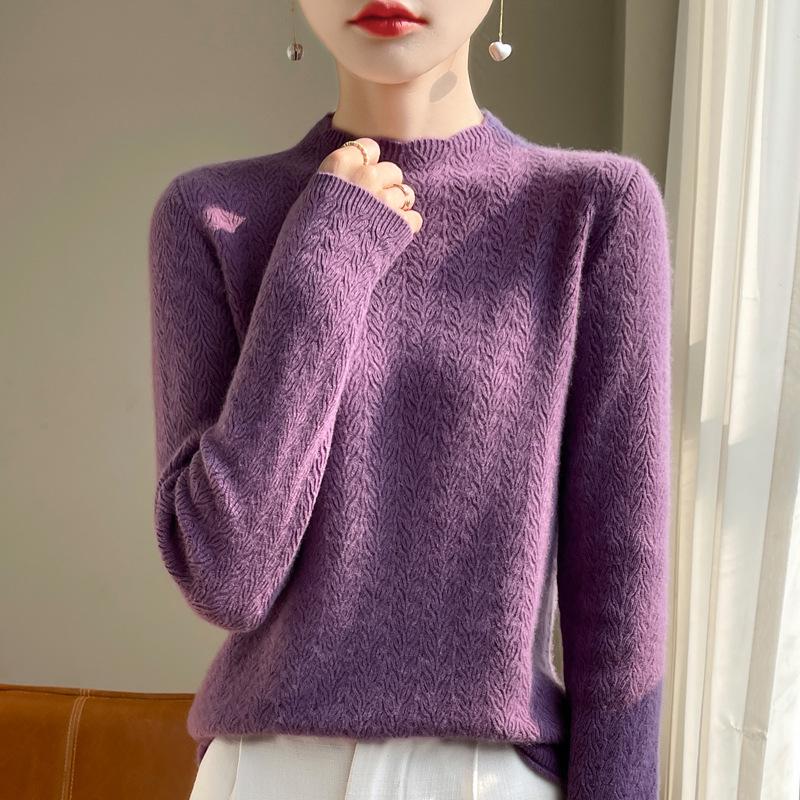 Женский кашемировый свитер: Ажурный кружевной воротник, вязаный свитер, полуводолазка, 100% шерсть, свободный крой S 95