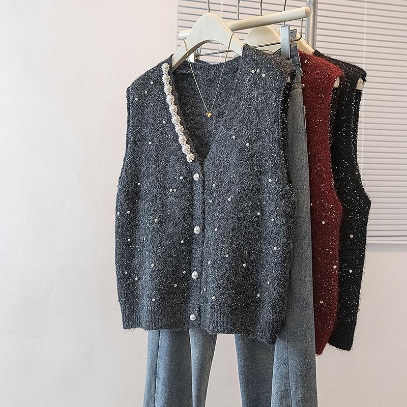 

Winter Korean Style Plus Size Sequined Slimming Bodycon Sheer Vest Top for Women L сірий колір