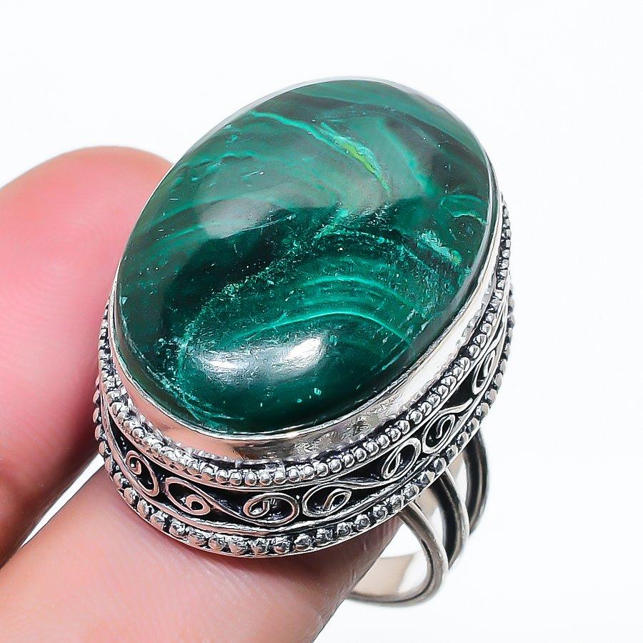 Natural Malachite Gemstone Handmade 925 Sterling Silver Jewelry Ring Size 8 AR-17155