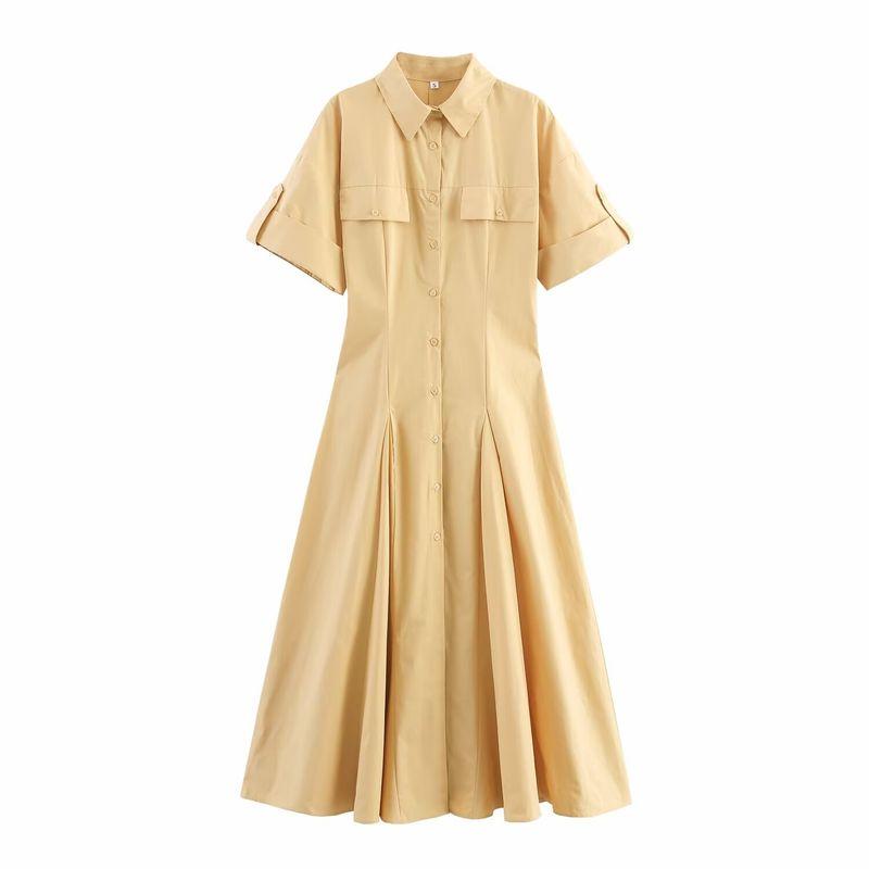 

Kaslead New Women clothes Western Style Imitation Tencel Single-Breasted Shirt Waist Hugging Jumpsuit Long dress Yellow L