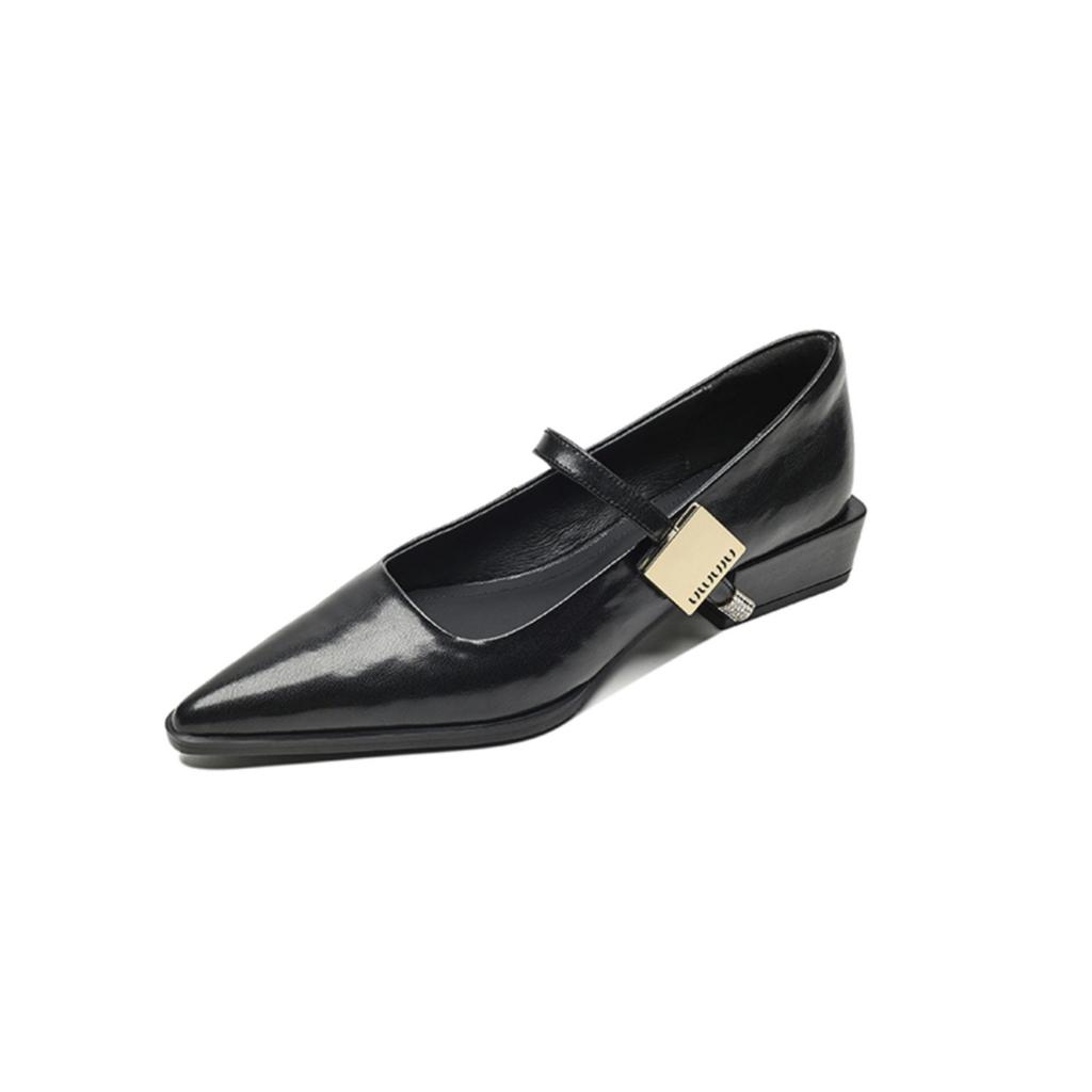 2025 Spring High-end Pointed Mary Jane Metal One-word Buckle Retro Light Mouth Thick Heel Single Shoes Women