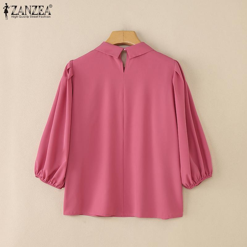 ZANZEA Women Summer Turn Down Collar Loose Casual 3/4 Sleeve Solid Blouse
