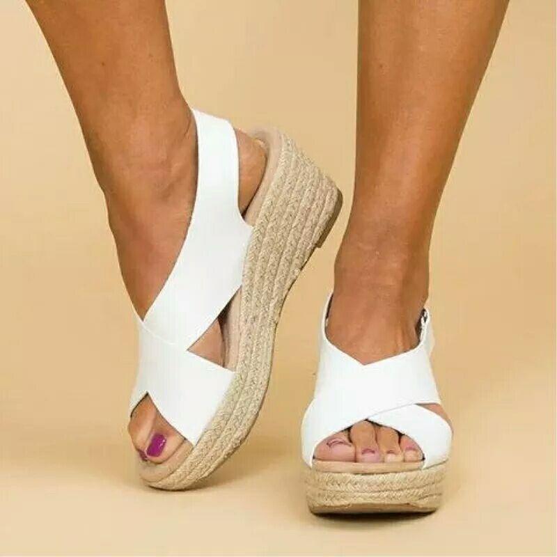 Large size hollow hemp rope muffin thick-soled sandals women's straw buckle wedge heel fish mouth sandals