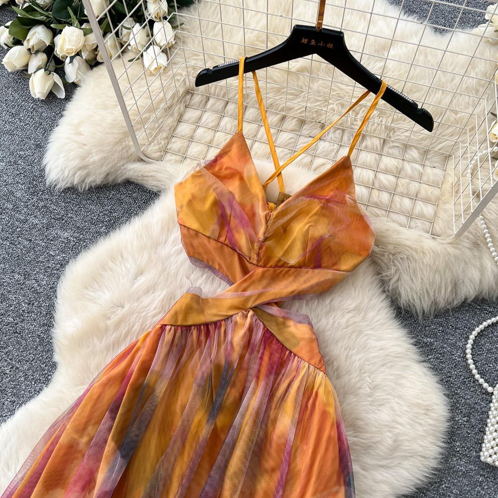 Holiday style smudged neck suspender dress women's summer V-neck waist careful mesh fairy temperament long dress