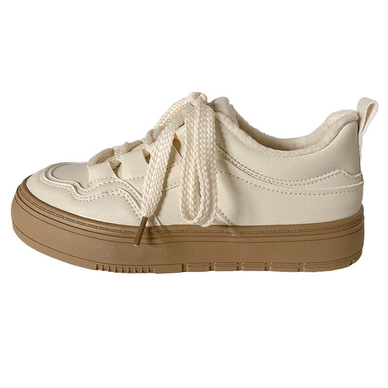 H1385 Samt Dicksohlige Weiße Schuhe Damenschuhe Warm Winter 2024 Neu Flachsohlige Vielseitige Board-Schuhe Lässige Baumwollschuhe