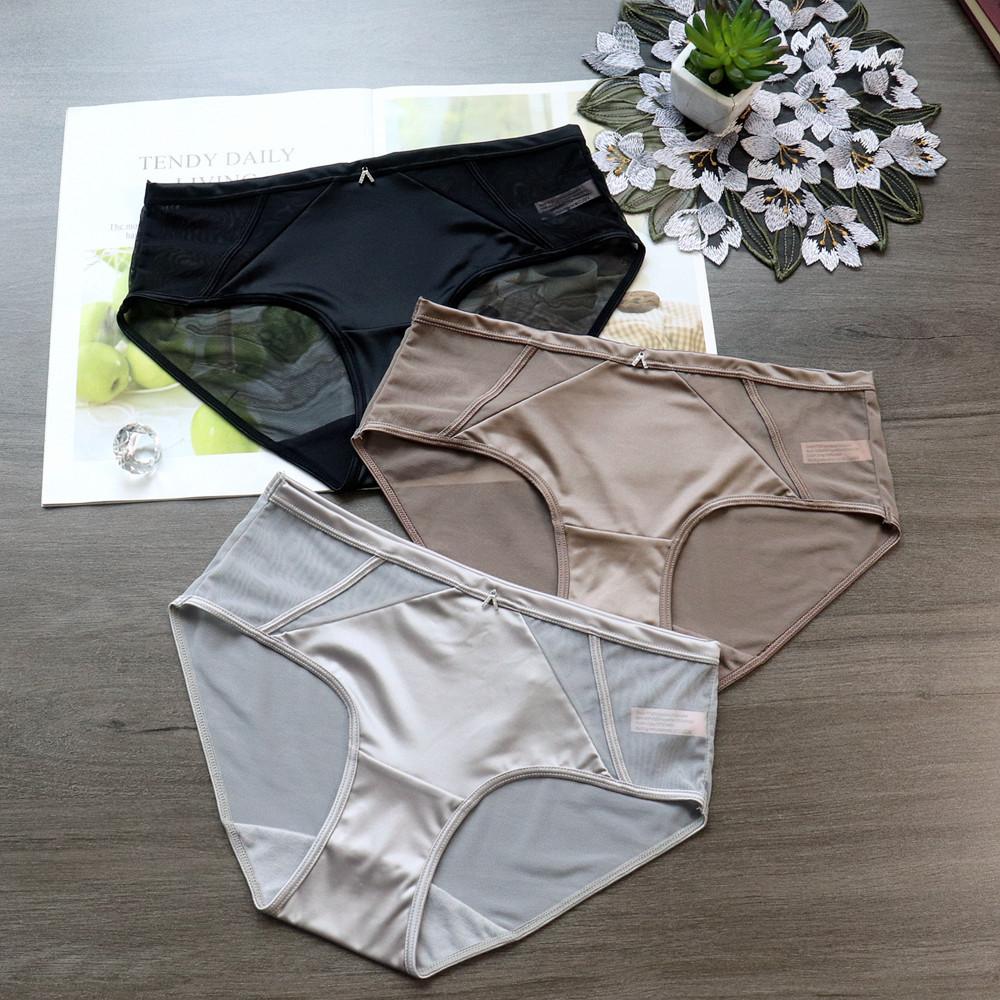 Women's Satin Sexy Mesh Low Waist Breathable Comfortable Antibacterial Extended Cotton Briefs Underwear