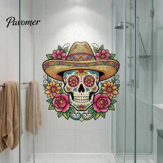 Removable PVC Holiday Murals Flower Skull Wall Sticker, Day of The Dead Decorative Customizable Vinyl Graphics Decals, Waterproof Stickers for Windows