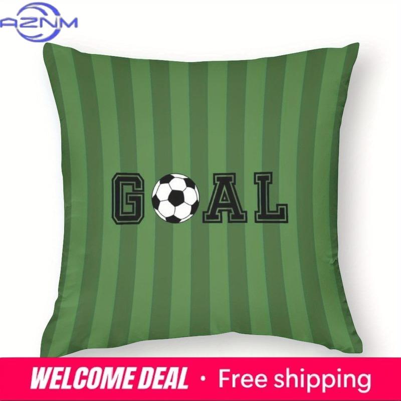 1Pc Sports Football Soccer Pillow Cover, Polyester 2D Double Sided Print Cushion Case, Green Striped "Goal" Throw Pillowcase, Gr