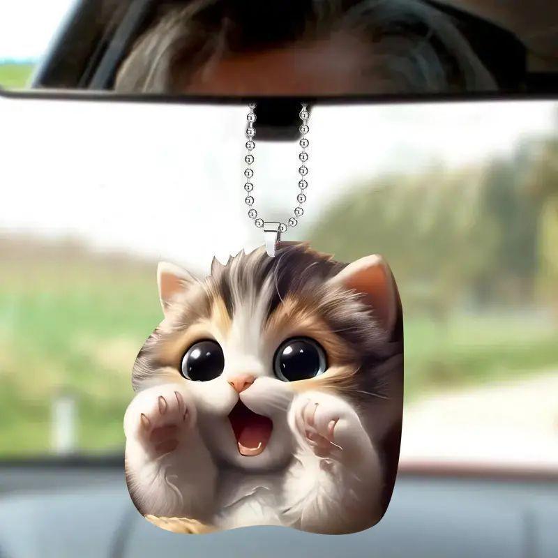 Acrylic 2d Fashionable Cat Car Pendant Playful Cartoon Art For Accessories Vehicle