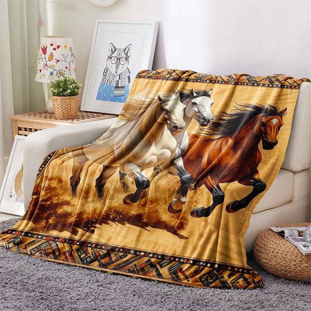 Horse Print Flannel Blanket, High Quality Comfortable for All Seasons, Home Decor, Warmth and Comfort, Perfect for Christmas Gifts