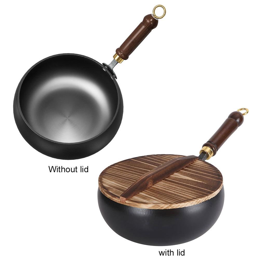 Nonstick Wok with Wooden Handle Iron Wok Uncoated Iron Pan for Indoor and Outdoor Cooking
