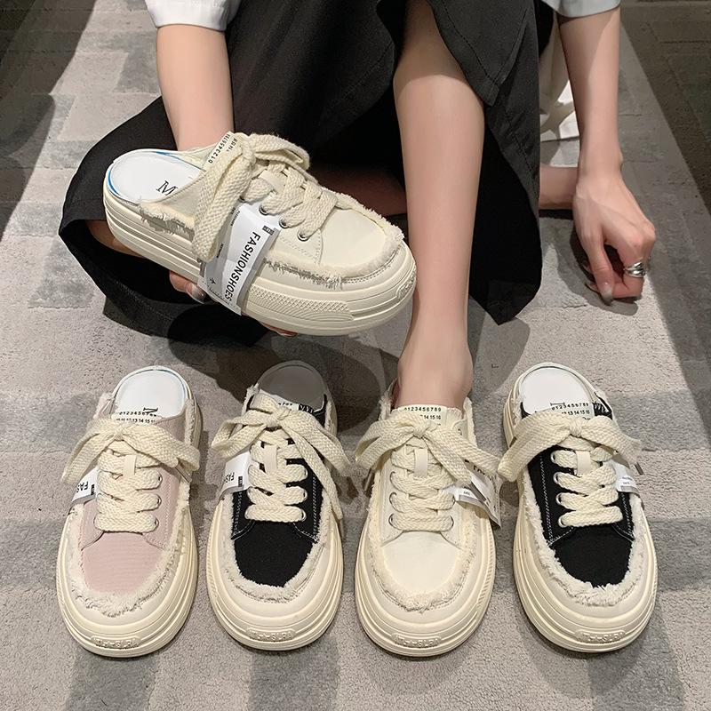 Half-drag canvas shoes women's 2025 summer bag head outer wear board shoes small fragrant wind one pedal lazy thick-soled casual women's shoes