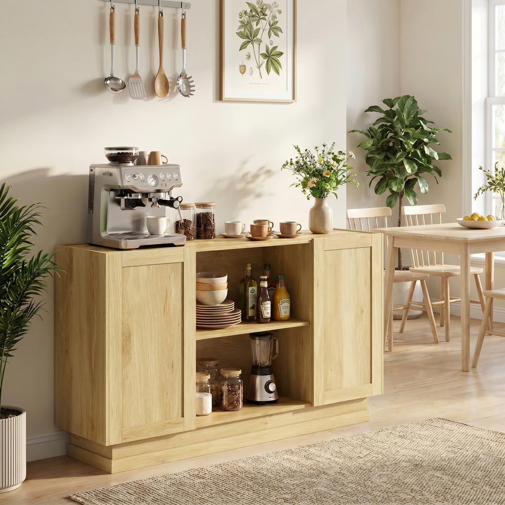 Sideboard Buffet Cabinet 133 cm, 2 Open Shelves, Natural Wood Finish