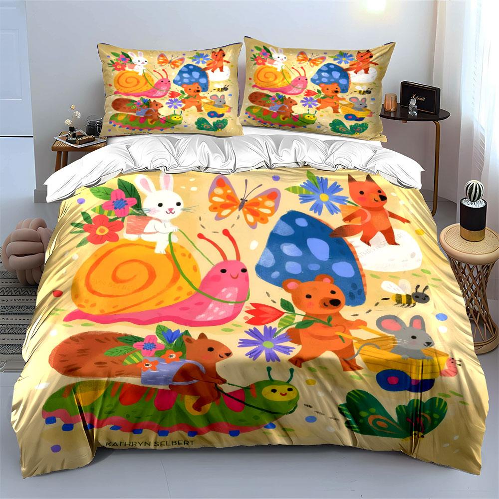 3Pcs Woodland Friends Cartoon Animal Duvet Cover Set Bunny Fox Bear Garden Nursery Bedding Single Double King Queen Gift