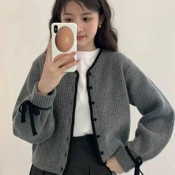 

Французский ретро вязаный кардиган, свитер, женский осенний и осенний свитер с длинными рукавами, женское пальто и короткий свитер, кардиган, женский топ One Size серый