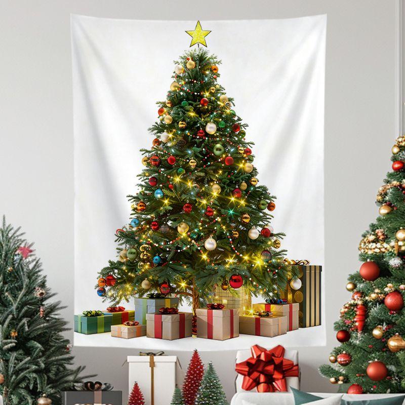 Weißer handgezeichneter Weihnachtsbaum Wandteppich Zuckerstange Rote Kugel Verzierungen Goldener Stern Feiertagstext Ästhetische Heimdekoration