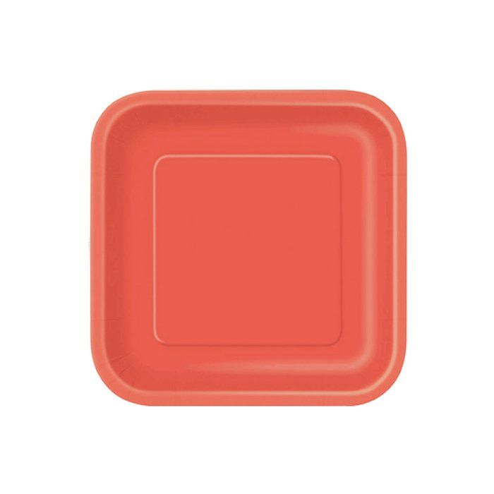 16 Petites assiettes carrées en carton rouge corail 17,4 cm - Rouge