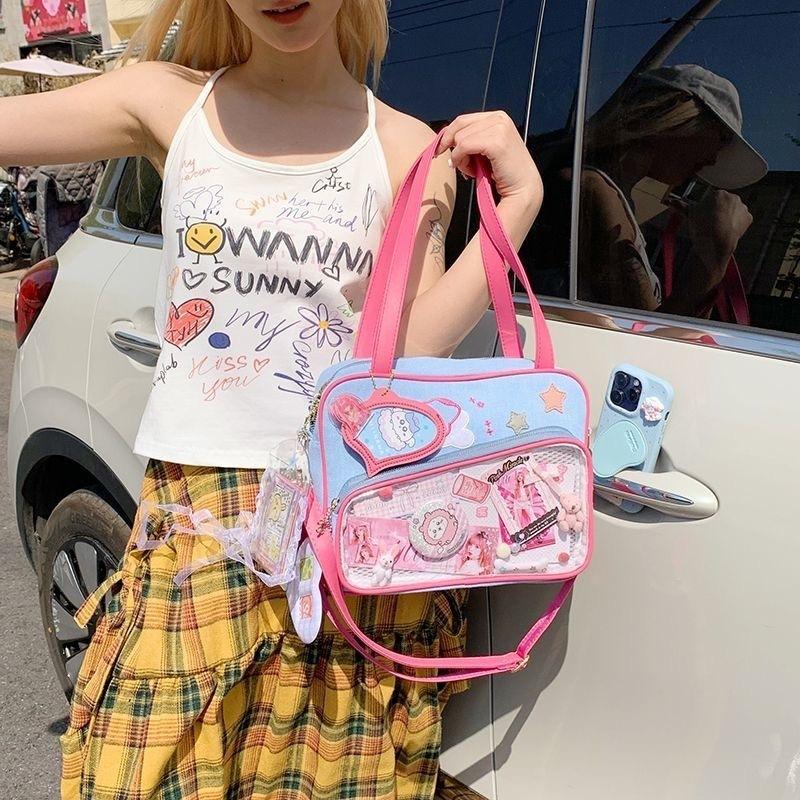 Y2K Cute Denim Ita Bag Girl Transparent Messenger Bag Women Fashion Shoulder Crossbody Bag Lady DIY Badge Totebag Lolita Handbag