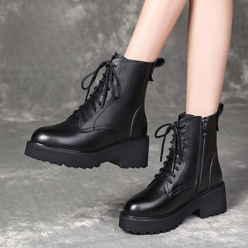 Autumn Winter Round Toe Chunky Booties Black Leather Fleece-Lined Lace-up Women's Ankle Boots Trend 2025 Pu Female Short Shoes